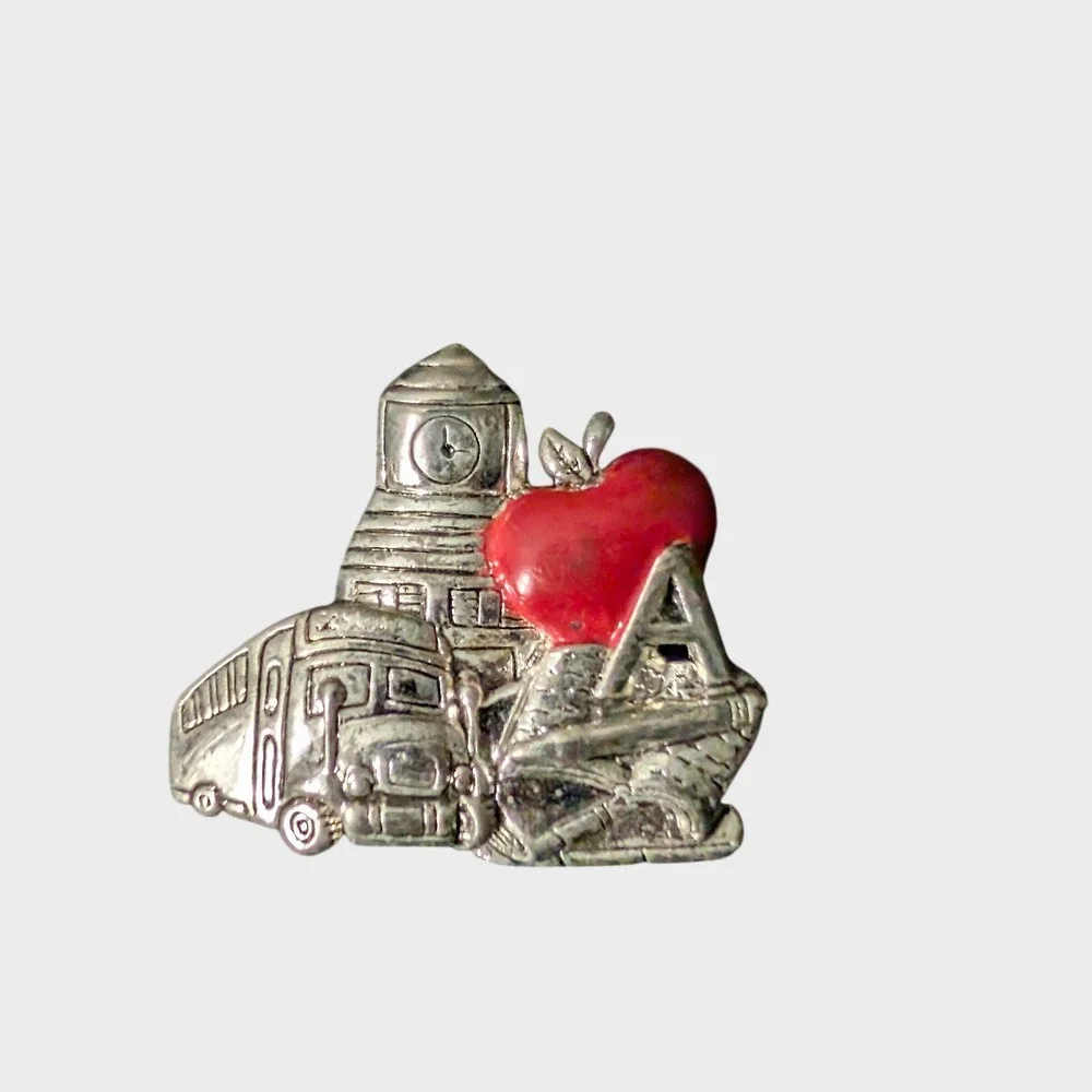 Vintage Silver Red Brooch School Bus Teacher Apple Clock Tower Book Pin